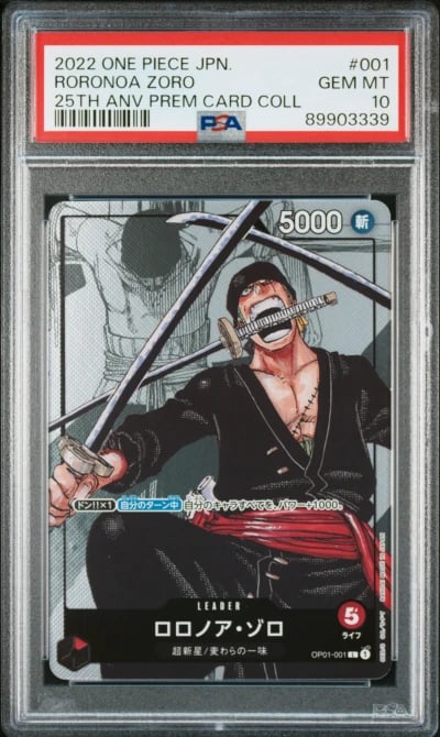 2022 ONE PIECE JAPANESE 25TH ANNIVERSARY PREMIUM CARD COLLECTION 001 RORONOA ZORO PSA 10