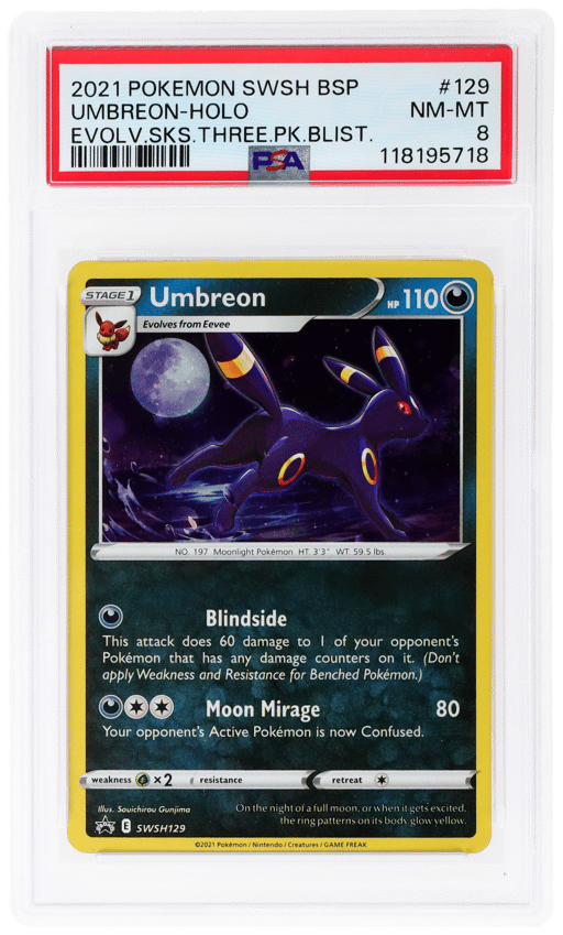 2021 Pokemon Sword and Shield Black Star Promo Evolving Skies Three Pack Blisters Holo Umbreon #129 PSA 8
