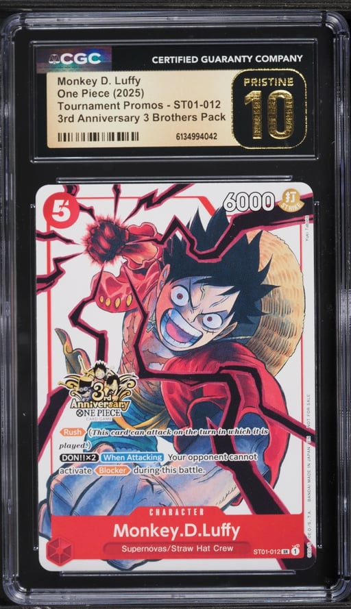 2025 One Piece Promo 3rd Anniversary 3 Brothers Pack Alt Art Monkey D. Luffy #ST01-012 CGC 10 PRISTINE
