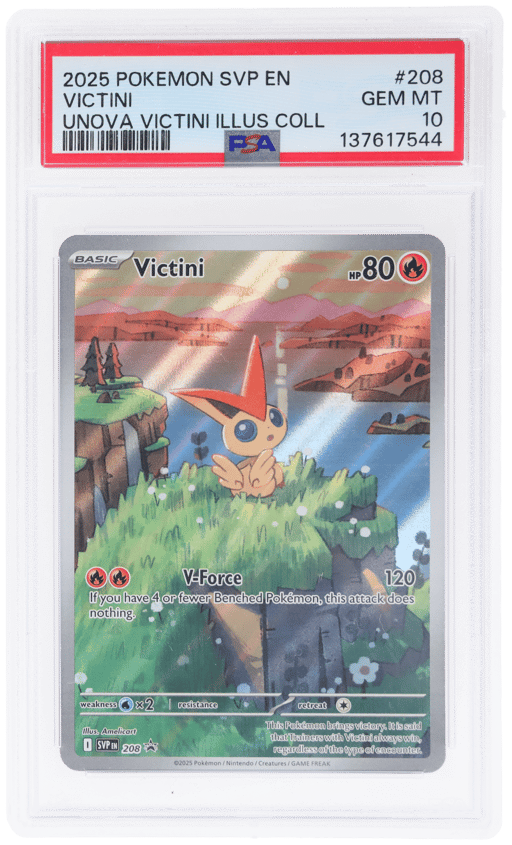 2025 Pokemon Scarlet and Violet Black Star Promo Unova Victini Illustration Collection Victini #208 PSA 10