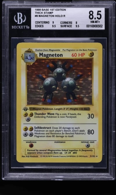 1999 Pokemon Base Set Shadowless 1st Edition Thick Stamp Holo Magneton #9 BGS 8.5 NM-MT+