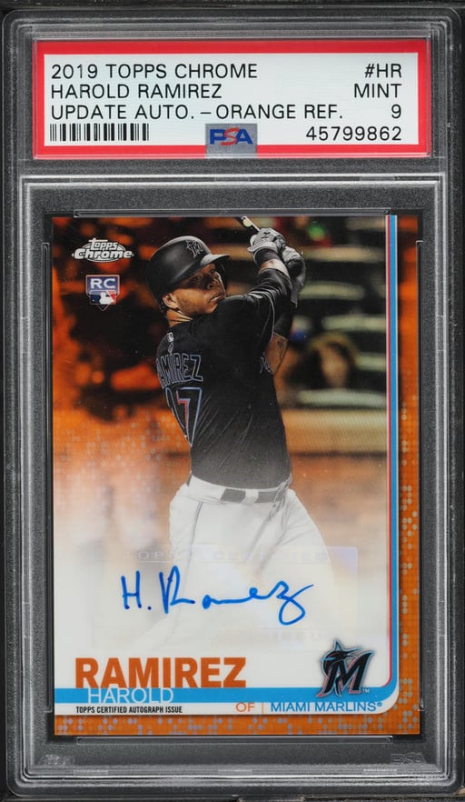 2019 Topps Chrome Update Orange Refractor Harold Ramirez ROOKIE AUTO /25 PSA 9
