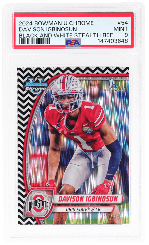 2024 Bowman Chrome University Black and White Stealth Refractor Davison Igbinosun #54 11/48 PSA 9