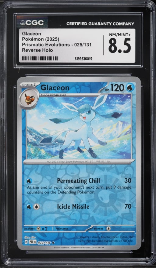 2025 Pokemon Scarlet & Violet Prismatic Evolutions Reverse Holo Glaceon #25 CGC 8.5 NM-MT+