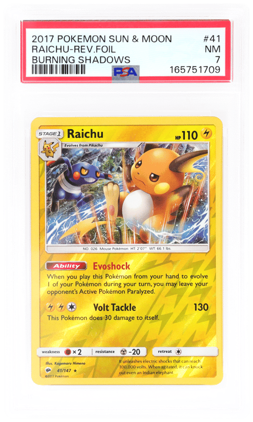 2017 Pokemon Sun and Moon Burning Shadows Reverse Holo Raichu #41 PSA 7